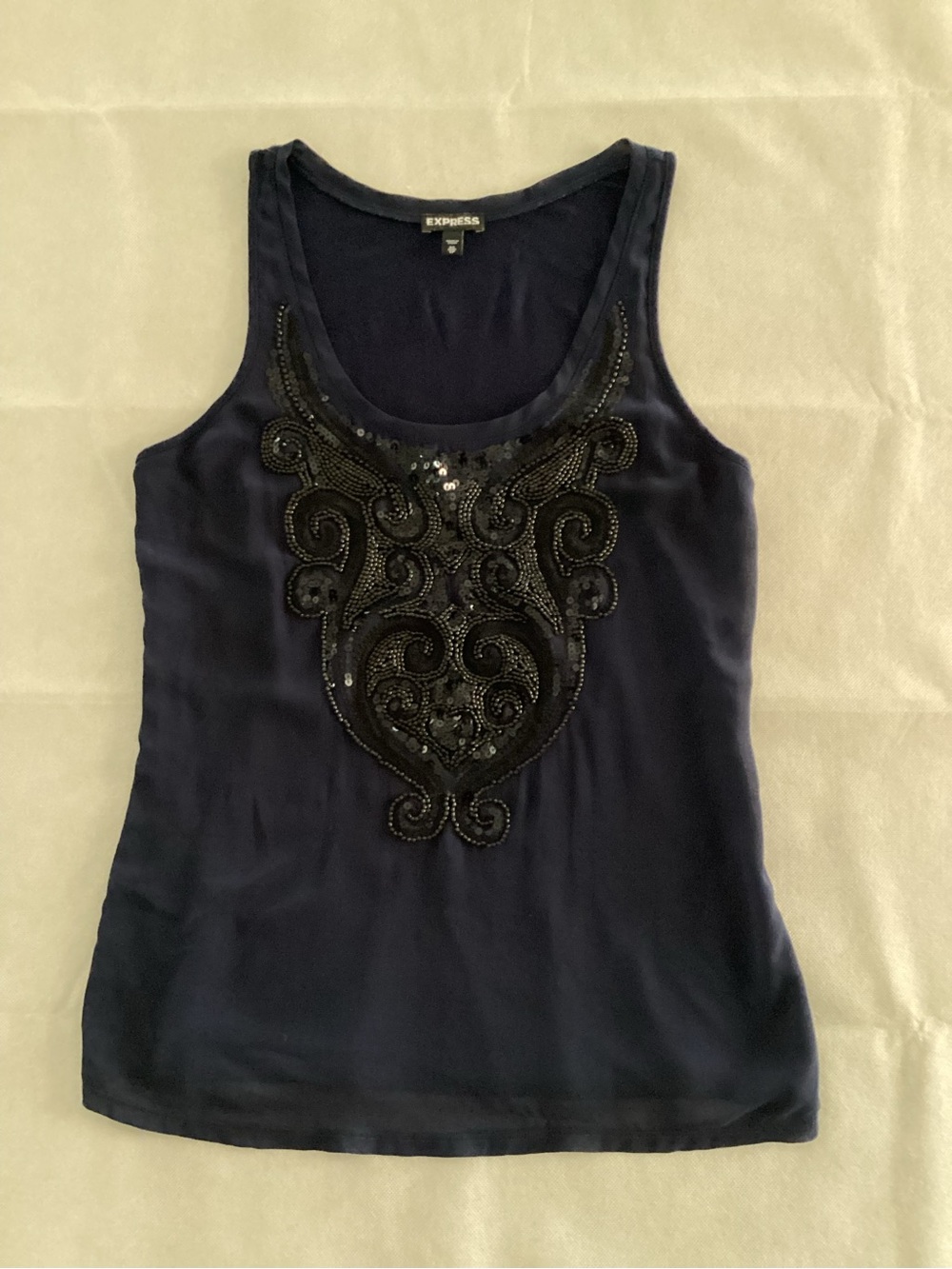 Express Navy Tank with Black Beaded Appliqué size M #7/16